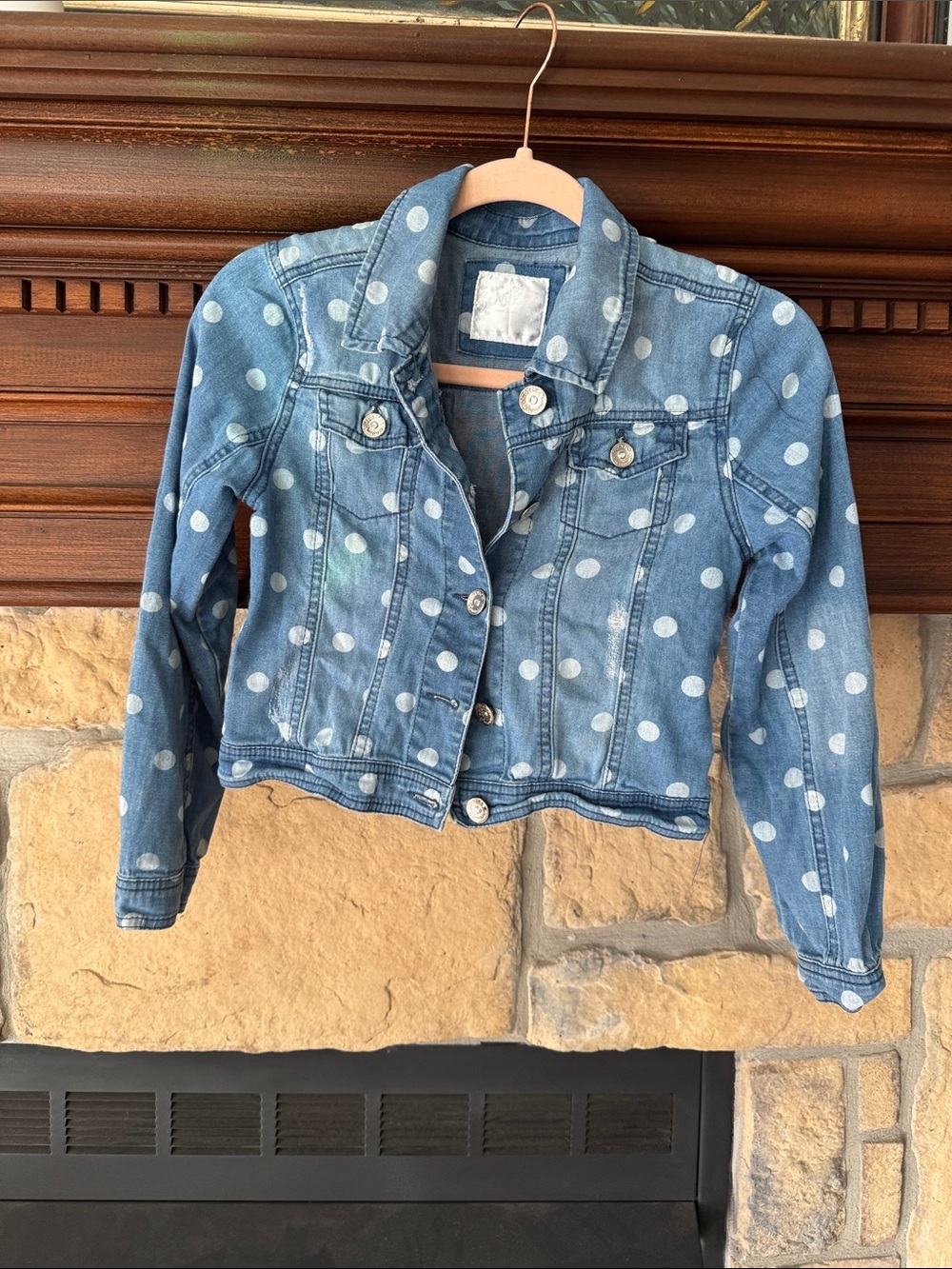Justice Girls Blue Denim Jean Jacket with White Polka Dots size 10